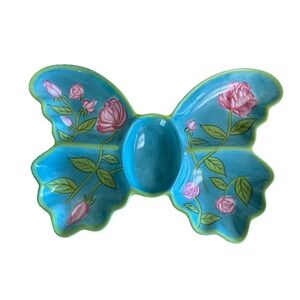Party Platter Chip Dip Dish Ceramic 5 Sections Butterfly Roses 16"‎ Hand Painted
